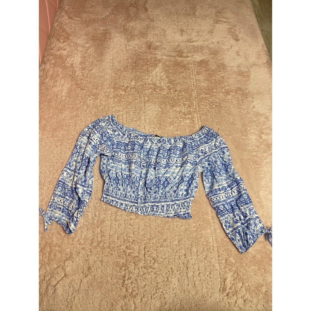 WOMEN'S Y2K LONG SLEEVE OFF SHOULDER‎ Crop TOP Size M Boho Blue White Bin12